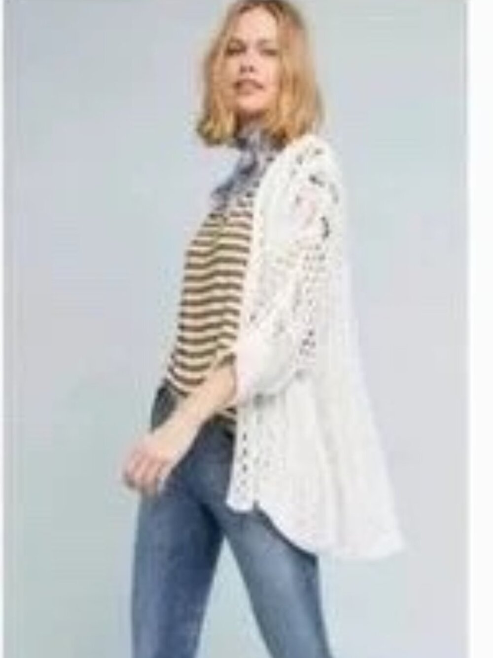 Anthropologie Moth White Crochet Pattern Open Short Sleeve Cardigan Sz: L